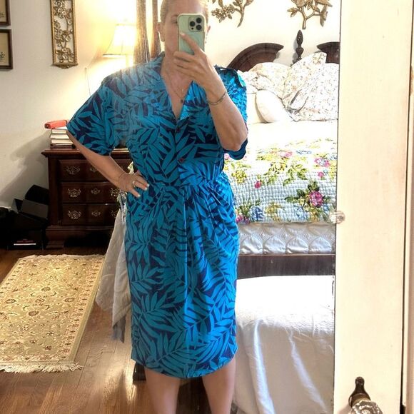 Vintage Adrianna Papell Teal and Purple Tropical Leaf Pattern Silk Dress - Picture 2 of 8